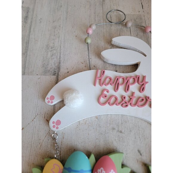 Wooden hanging happy Easter white bunny egg grass Spring home decor - Picture 3 of 8